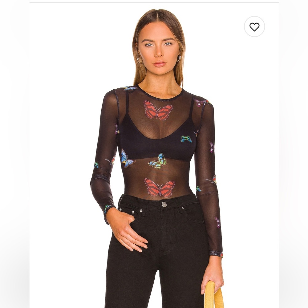 superdown Black Sheer Butterfly Mesh Long Sleeve Top